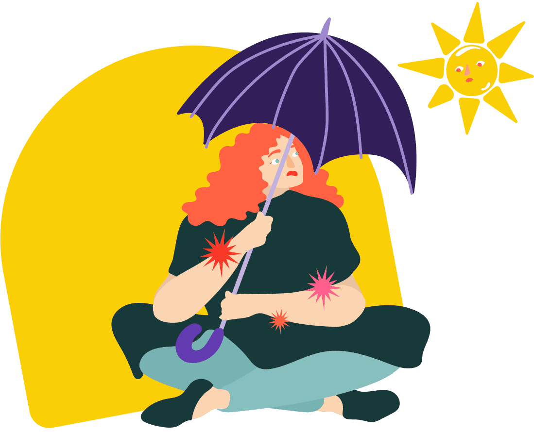 Woman with eczema sat down holding an umbrella to cover herself in the sunlight to try protect herself from flare ups
