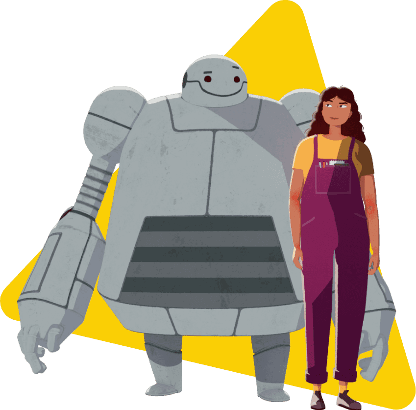 Woman with eczema wearing pink dungerees making eye contact with Change AD immune system robot