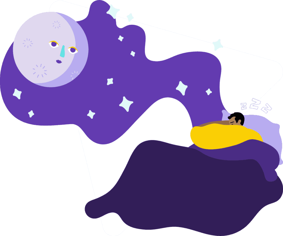 Man with eczema sleeping well at night against a backdrop of the moon and stars