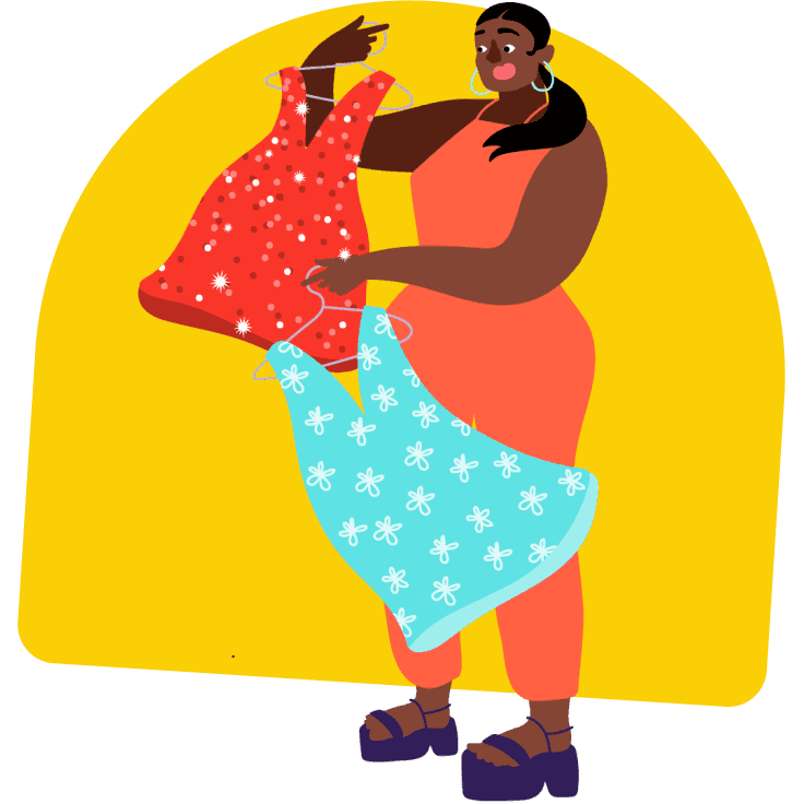 Woman with eczema in orange jumpsuit trying to decide which summer dress will provide the least irritation to her skin