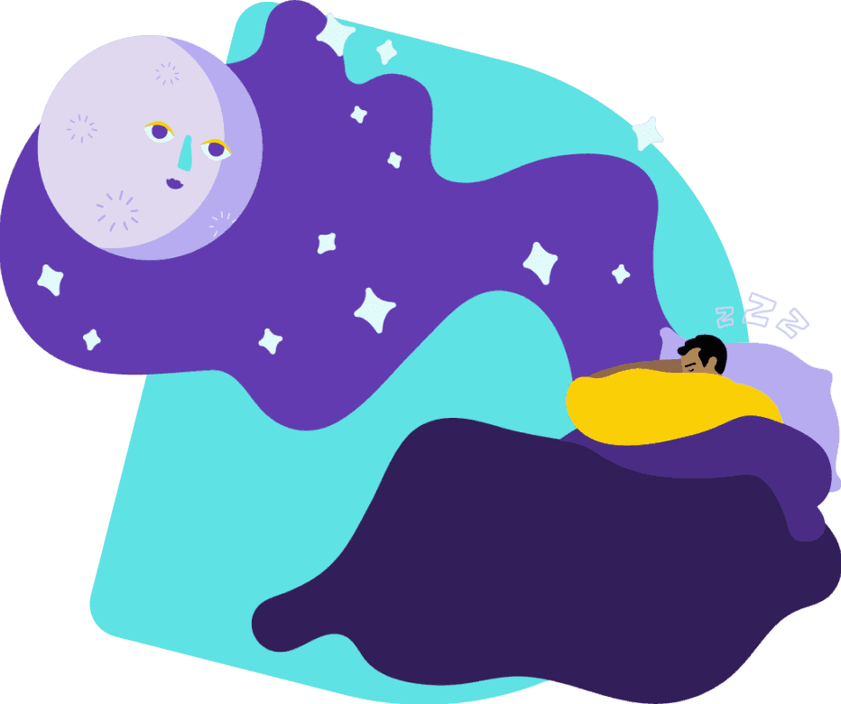 Man with eczema sleeping well at night against a backdrop of the moon and stars