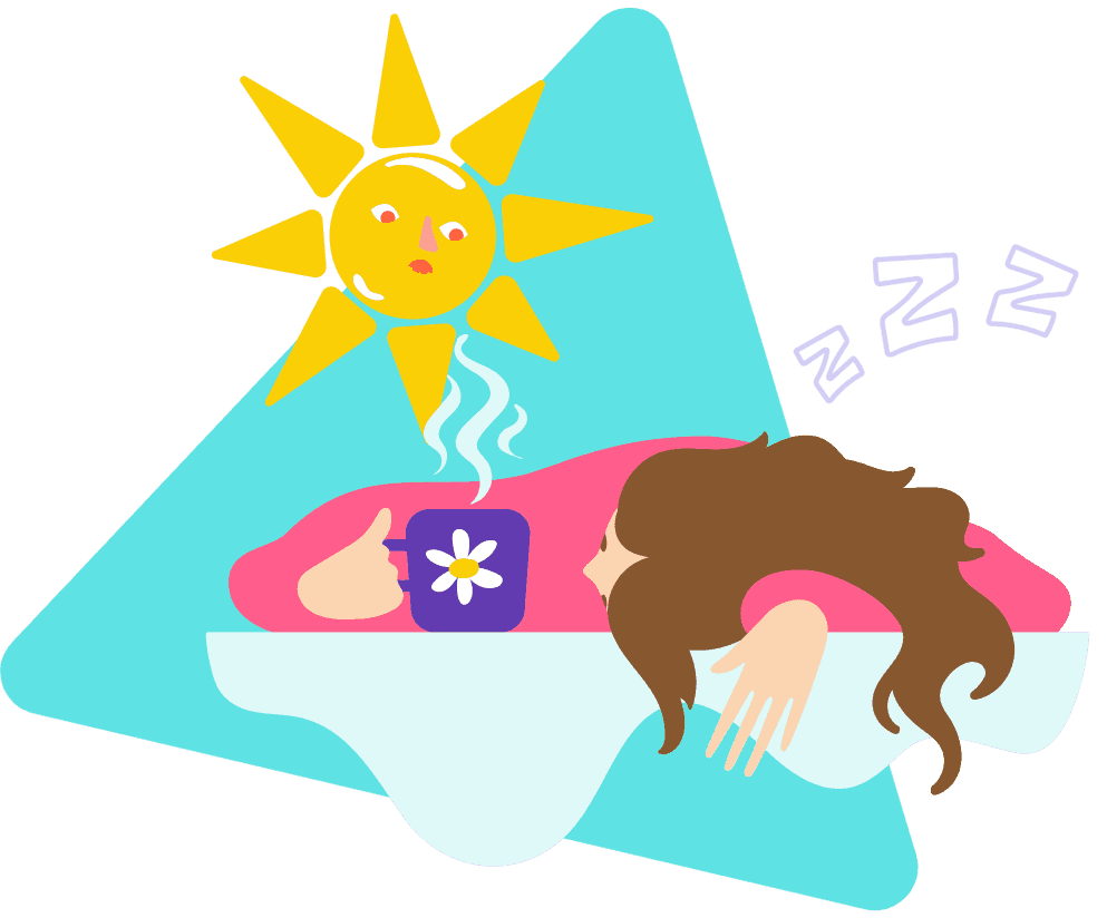Tired woman with eczema sleeping during the day after waking up and making a hot drink