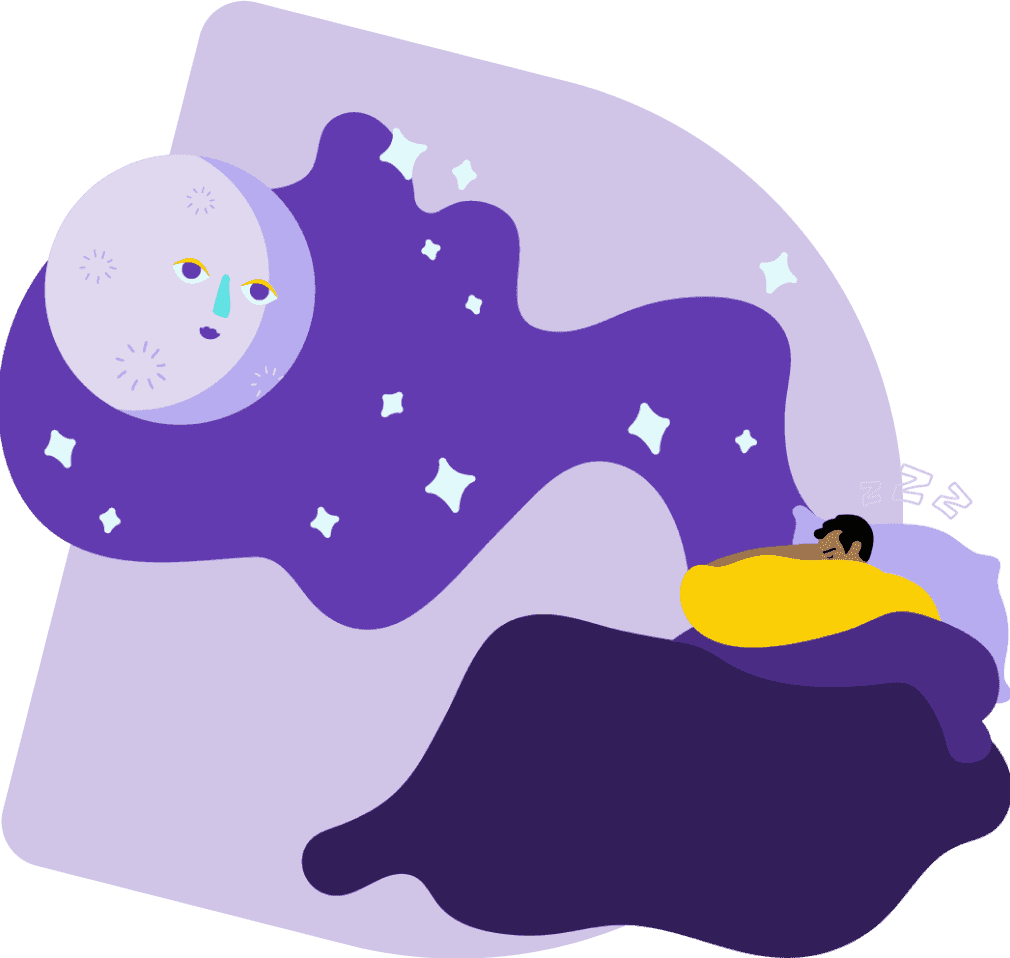 Man with eczema sleeping well at night against a backdrop of the moon and stars