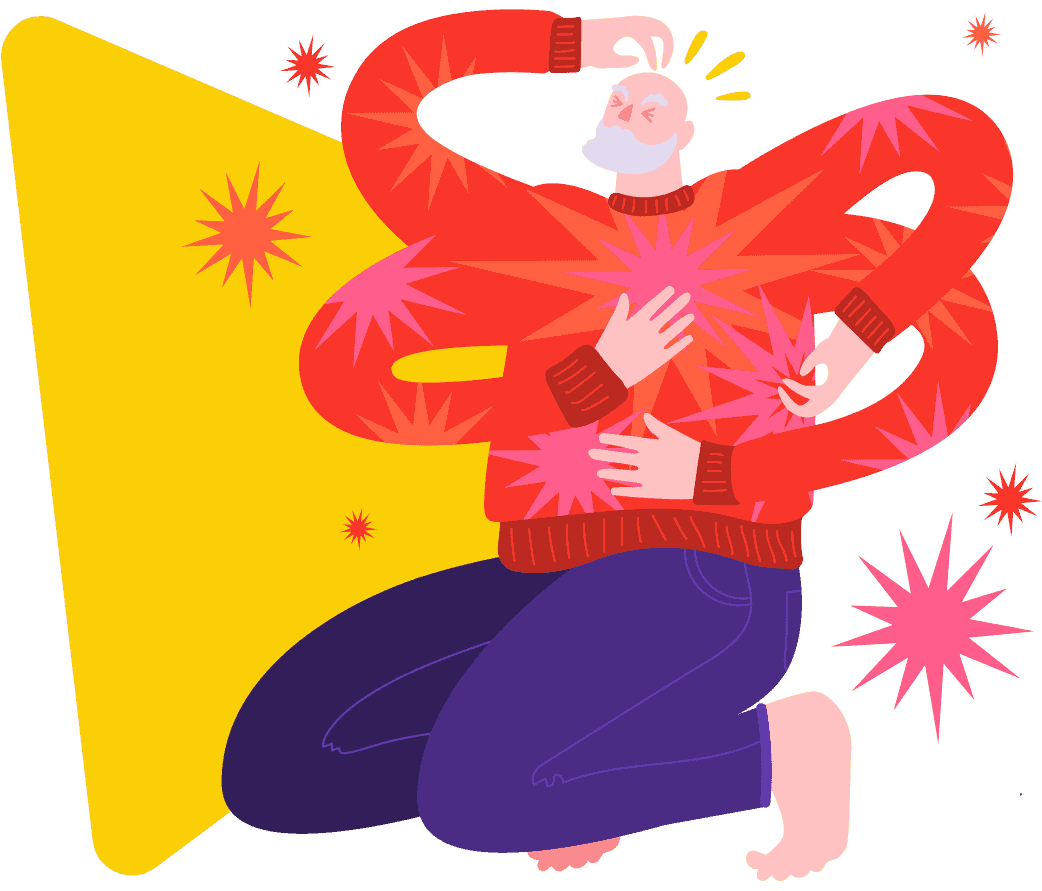 Distressed man with eczema wearing a red jumper and feeling itchy, scratching eczema to relieve the itch