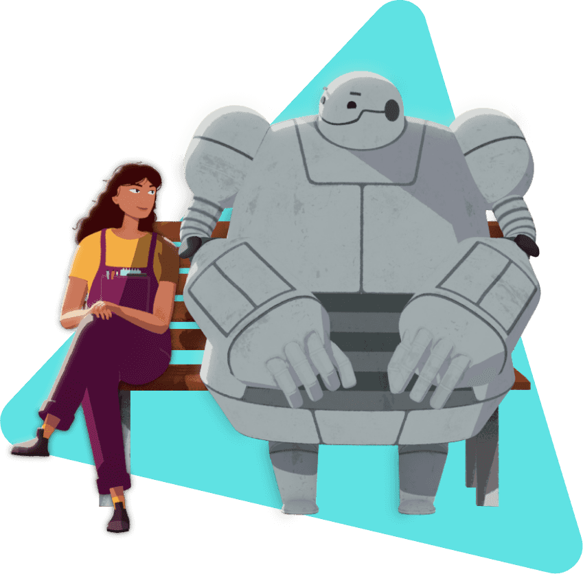 Woman with eczema sat next to Change AD immune system robot  on a wooden bench, both making eye contact