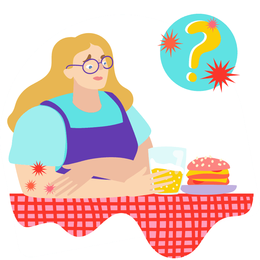 Woman with eczema sat with a burger, looking worried thinking about the foods that can cause eczema