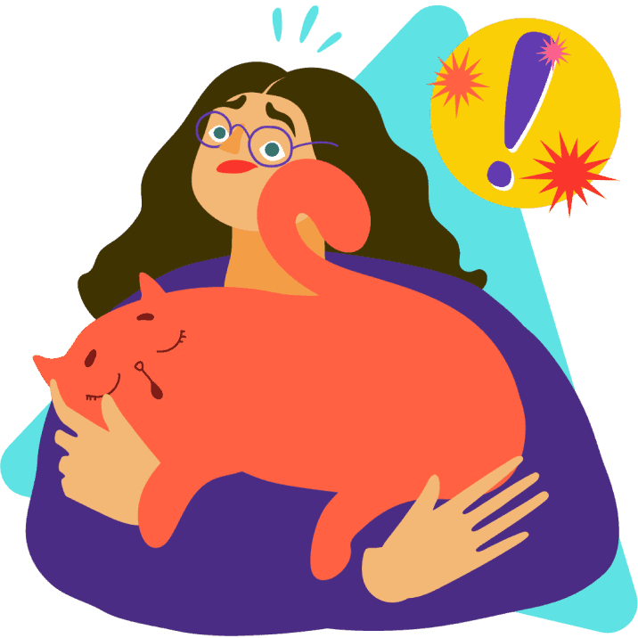 Woman with eczema holding her orange-furred cat, looking slightly alarmed at the thought of an allergic reaction