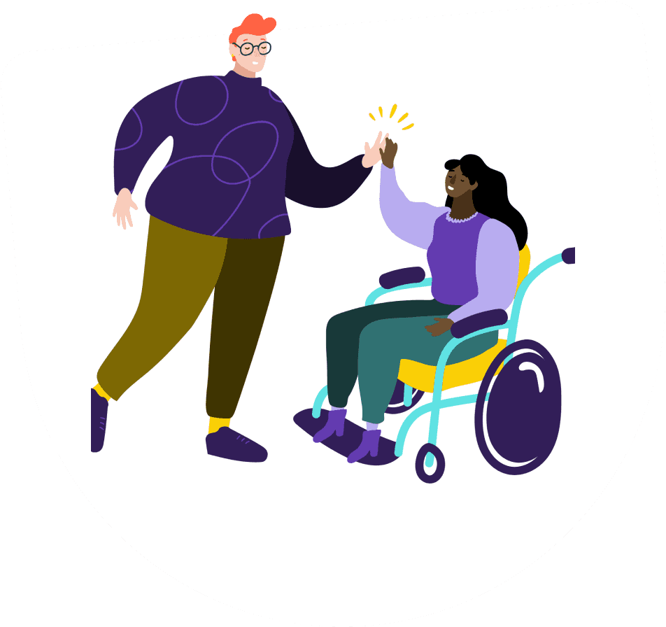 Woman in wheelchair high-fiving another man