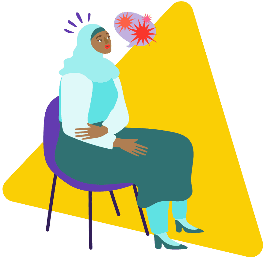 Woman with atopic dermatitis sat in a blue chair with a severe eczema flare up 