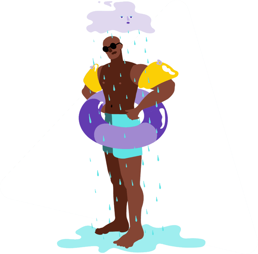 Man with eczema in blue swimming shorts, with yellow armbands and a purple rubber ring, appearing visibly wet