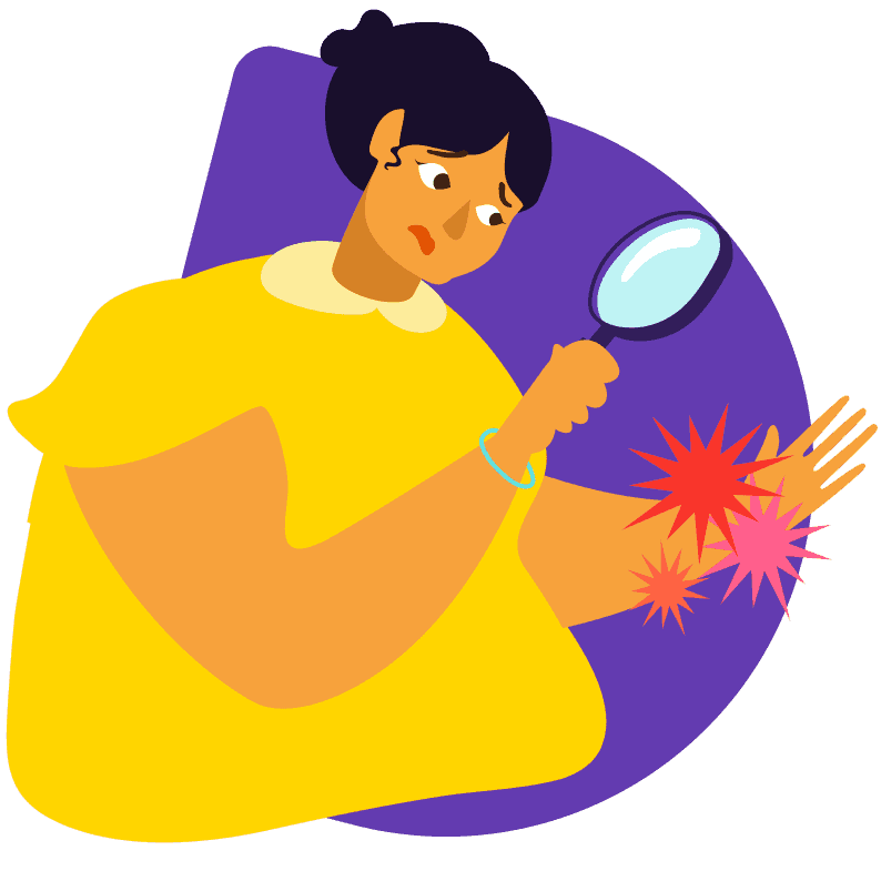 Woman with eczema using a magnifying glass to see her eczema symptoms such as dry skin around the hands