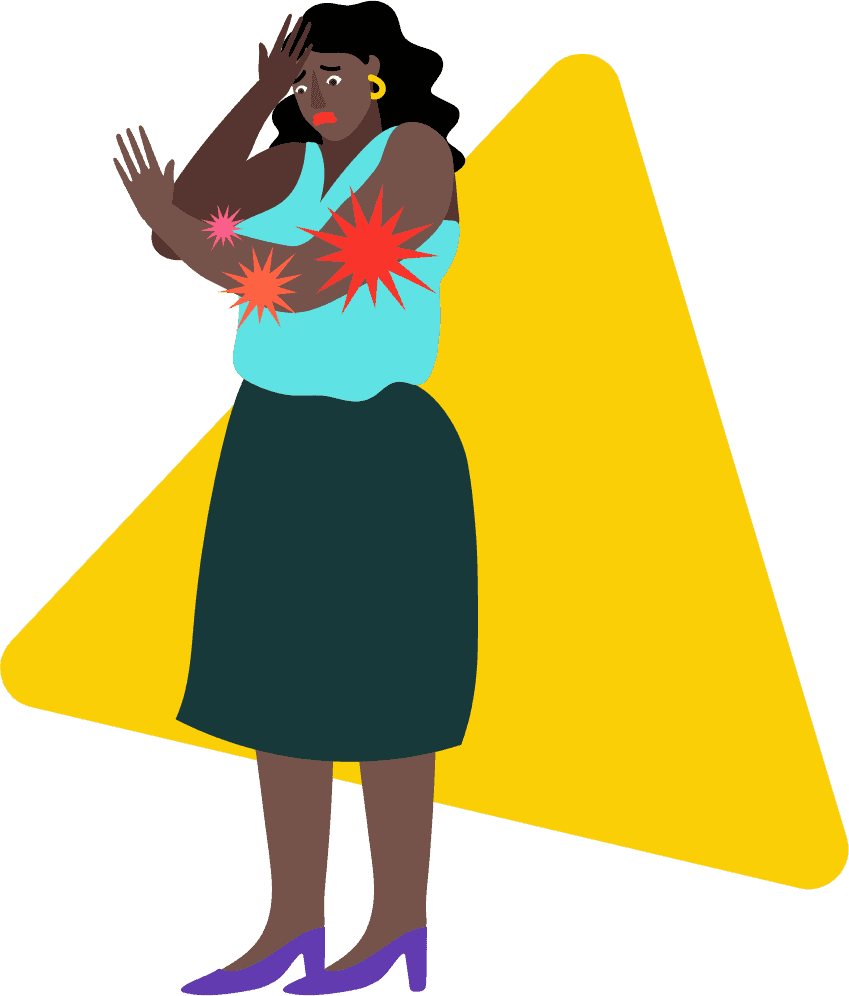 Woman with eczema stood looking visibly stressed as she looks at her eczema flaring on her arm, other arm to forehead
