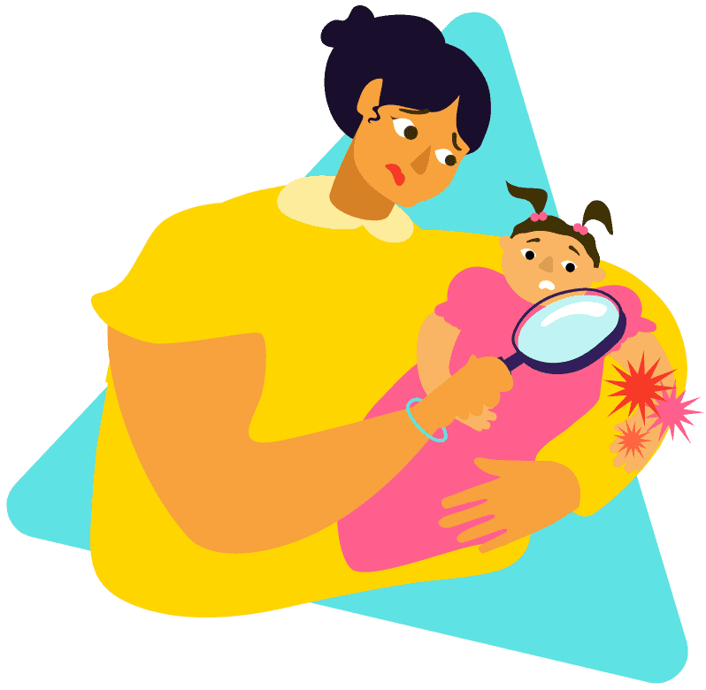 Mother looking worried inspecting the sore skin of an infant with atopic dermatitis (eczema)