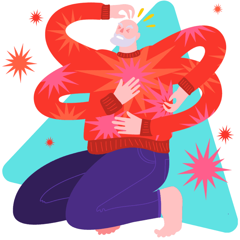 Distressed man with eczema wearing a red jumper and feeling itchy, scratching eczema to relieve the itch