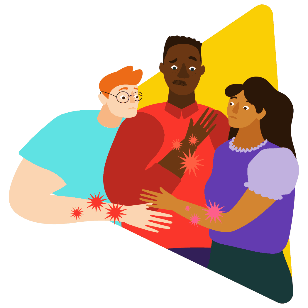 Three friends supporting each other but looking visibly worried as there is no cure yet