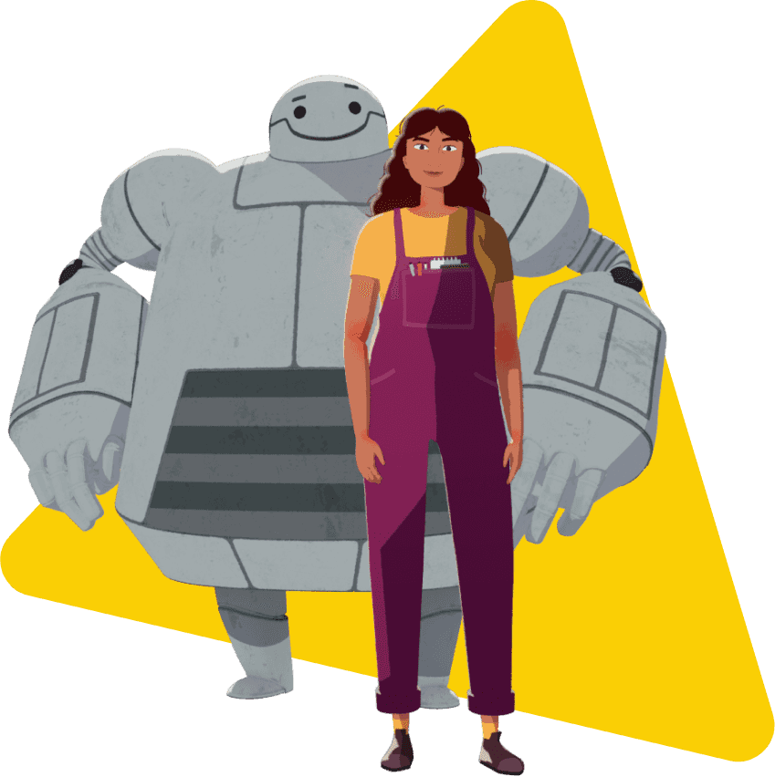 Woman with eczema wearing pink dungerees standing with ChangeAD immune system robot